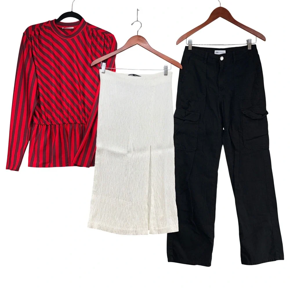 Zara Clothing Lot Women Small 4 Red White Black Striped Top Skirt Cargo Pants